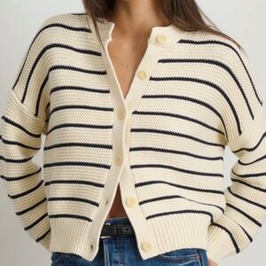 Alex Mill Ivory/Navy Nico Striped Cotton Cardigan Sweater SZ Medium